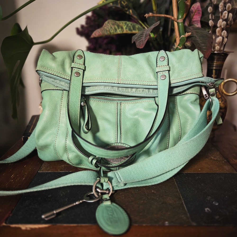 Fossil Leather Crossbody Bag Mint Green Foldover Satchel Large Purse Handbag